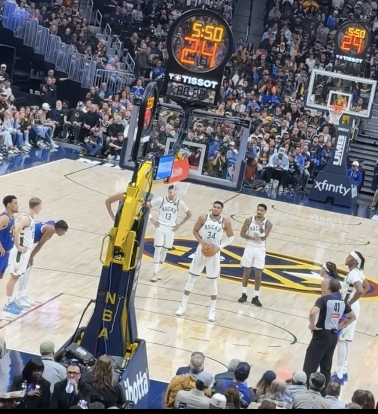 Giannis Antetokounmpo at the free-throw line during an NBA game against the Denver Nuggets, January 2026
